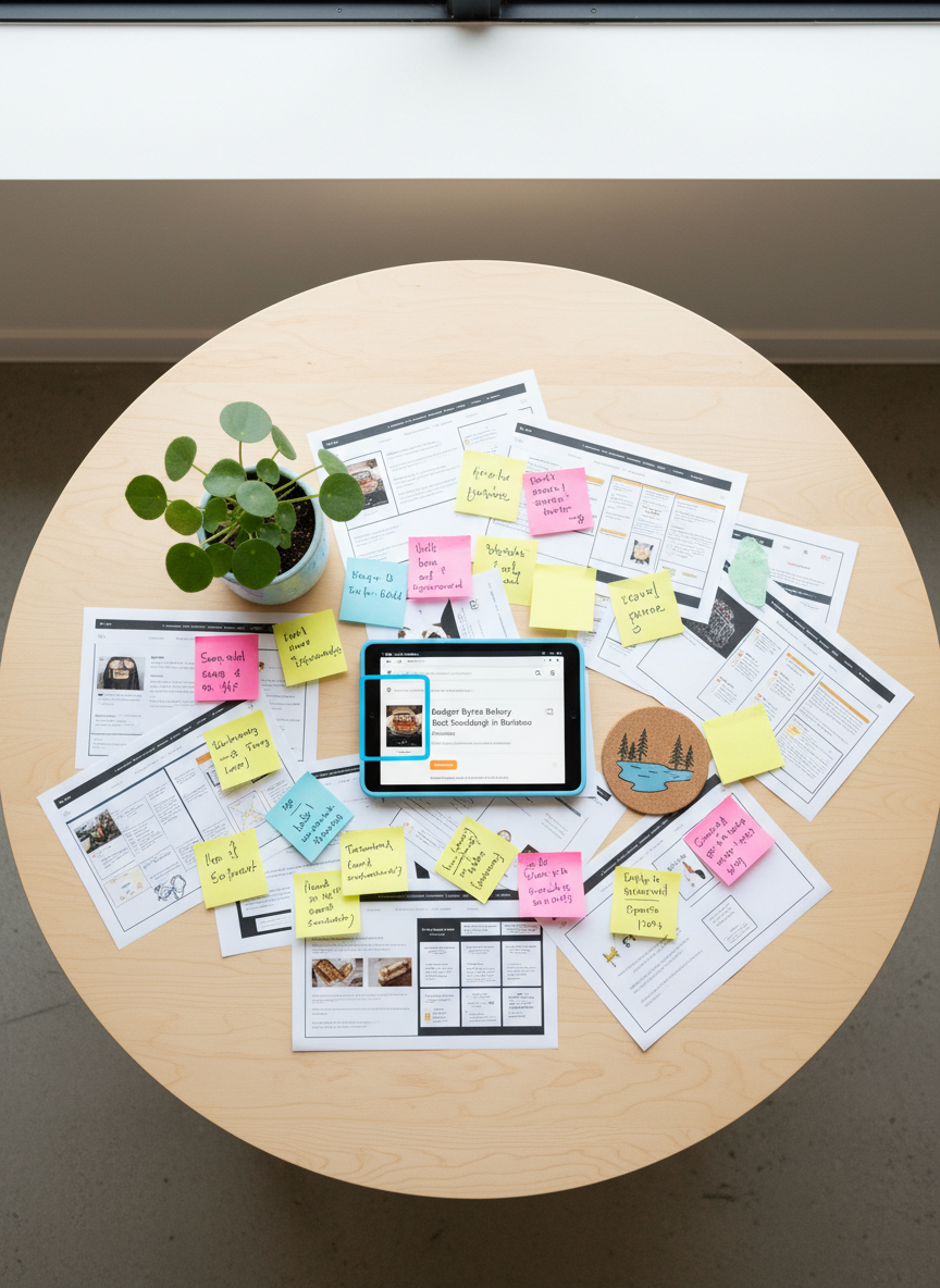 An overhead photographic view of a round light-oak meeting table in a small-town Wisconsin coworking space, covered with printed website mockups, colorful sticky notes, and a tablet showcasing a search engine results page with a highlighted top-ranking local listing. A small plant in a ceramic pot and a coaster with a subtle Wisconsin lake illustration add regional character. Diffused overcast daylight from a skylight creates soft, even lighting, minimizing harsh shadows. The composition uses circular balance and crisp detail to convey thoughtful strategy, collaboration, and sustainable online growth for neighborhood businesses without depicting any people.